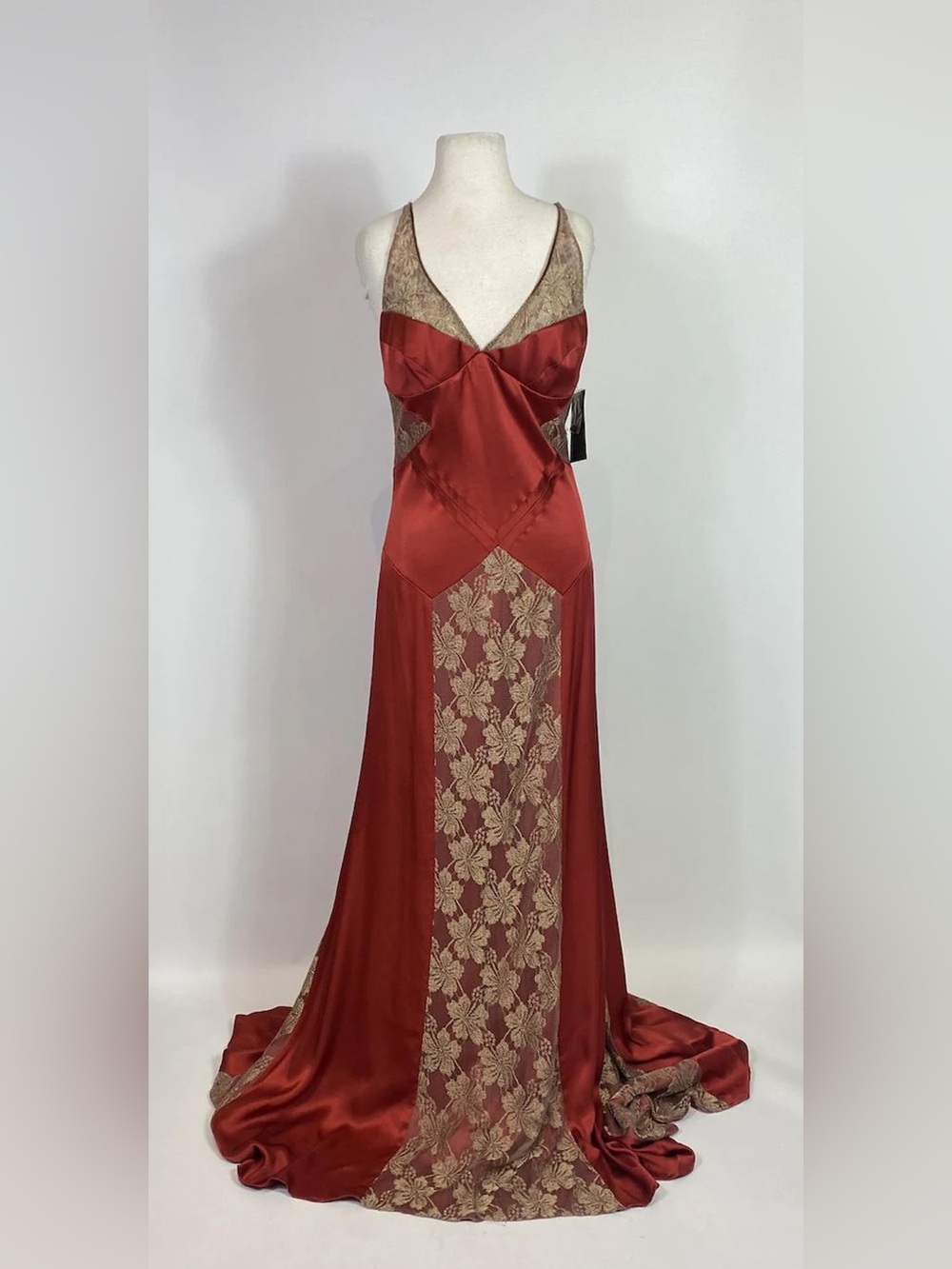 1990s - Y2K Nicole Miller Red Silk Satin and Gold Lace Gown Deadstock NWT - Picture 2 of 10